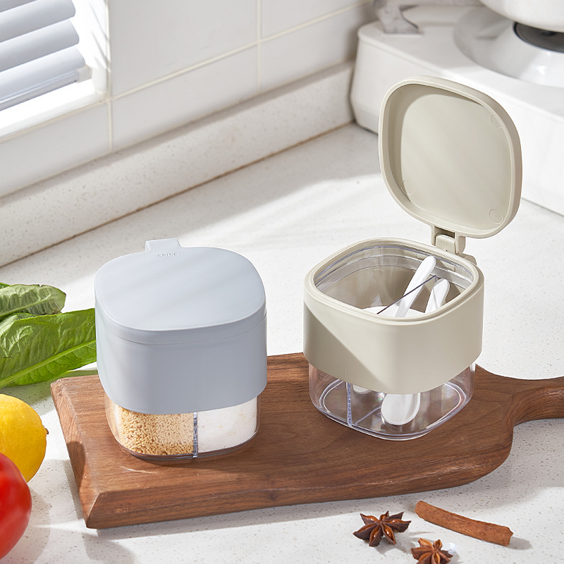 High Quality Kitchen Seasoning Box Home Double Compartment Large Capacity High Appearance Level Seasoning Pot Delivery Spoon Color Matching Fashion Belt Handle Specification drawing