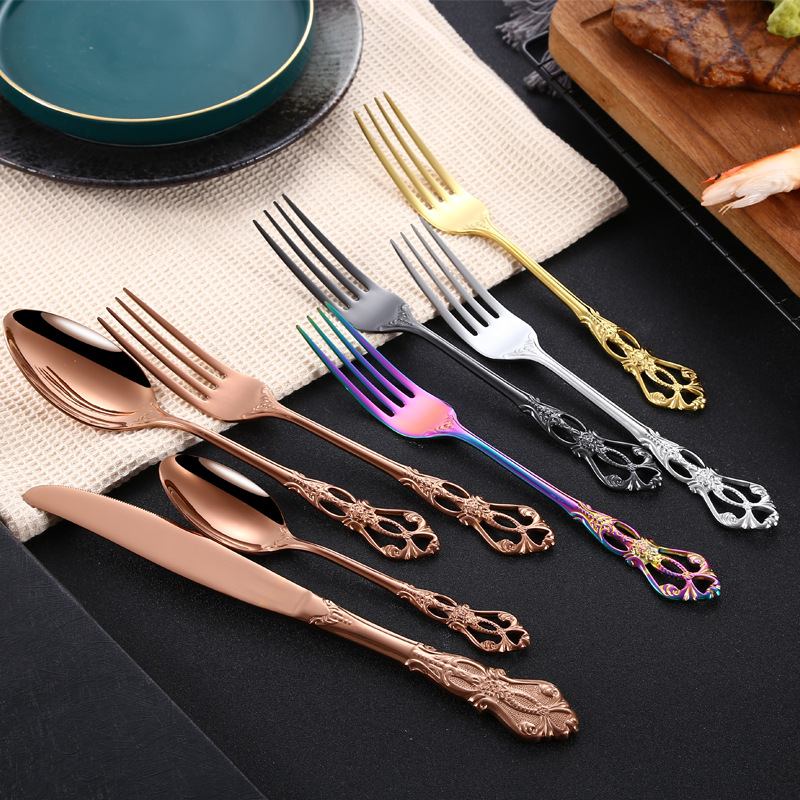 304 stainless steel knife, fork and spoon Western tableware Creative Imperial Court retro relief steak knife, fork and spoon four-piece set gift box full figure