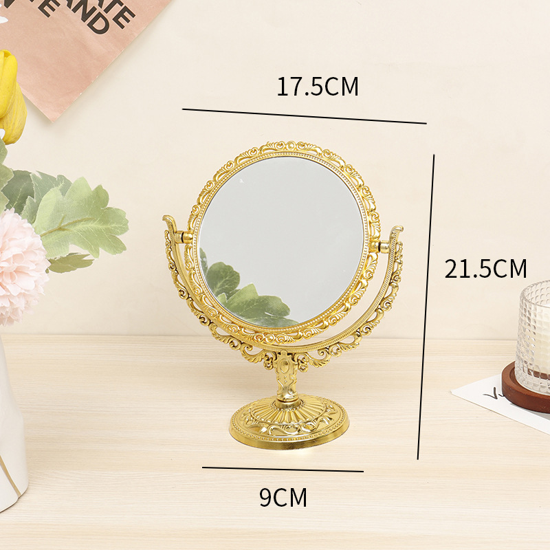 Factory direct sales of round gold makeup mirrors, European-style medium-sized double-sided dressing mirrors, retro gold and silver imitation dressing mirrors Specification image