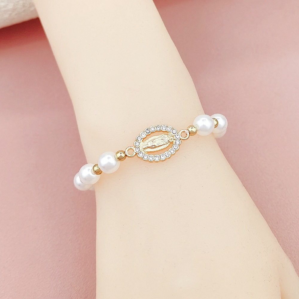 Foreign Trade Hot Cross-Border Amazon Europe And The United States New Diamond Blessed Virgin Mary Bracelet Women's Imitation Pearl Elastic Bracelet Couple Gift String Manufacturers Wholesale details Picture