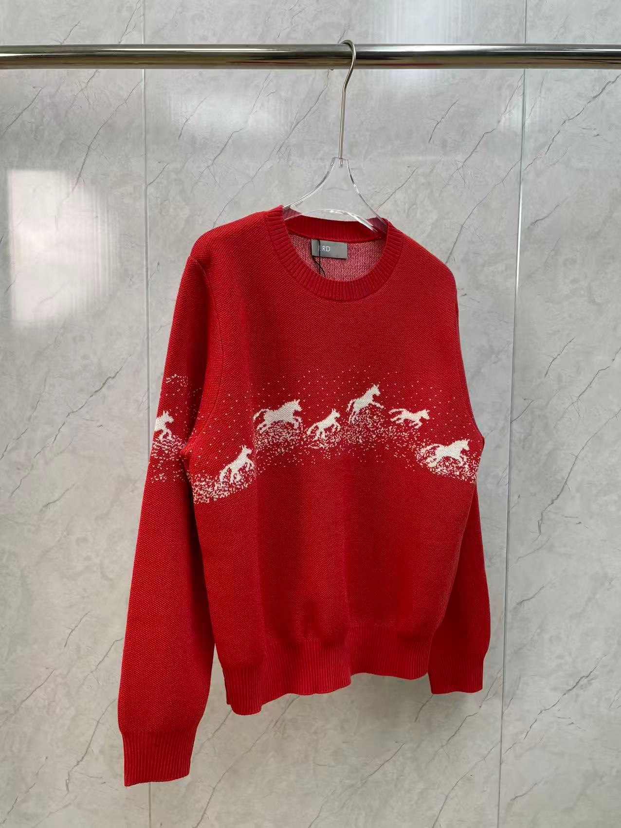 南油高版本ER家撞色渐变小马提花圆领红色毛衣针织衫长袖女详情9