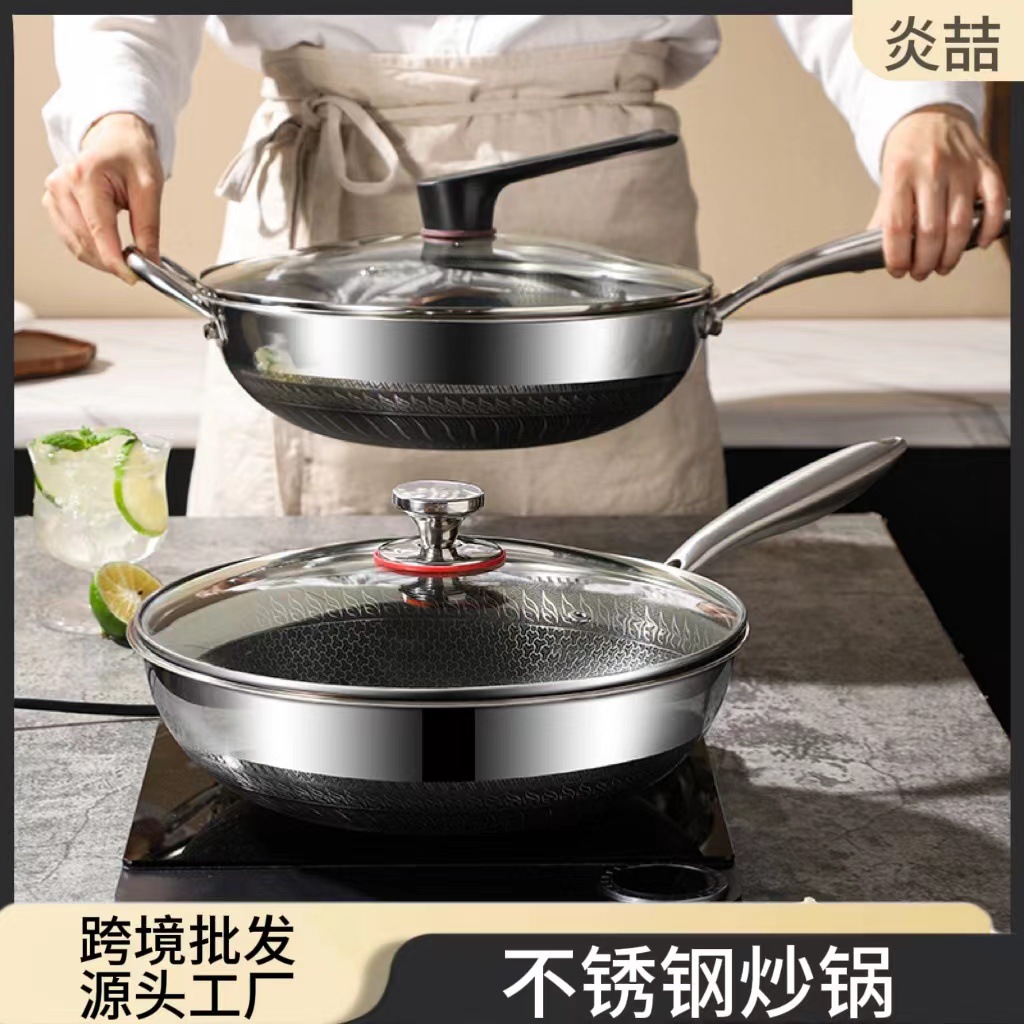 Cross-Border Wholesale Of Stainless Steel Double-Sided Wok, Low Oil Fume, Honeycomb Flat-Bottom Non-Stick Cooking Wok, Household Gas Induction Cooker