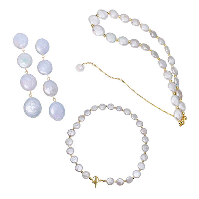 Supply natural Baroque button pearl set strong light exotic pearl bracelet long fringe drop earrings Item Picture