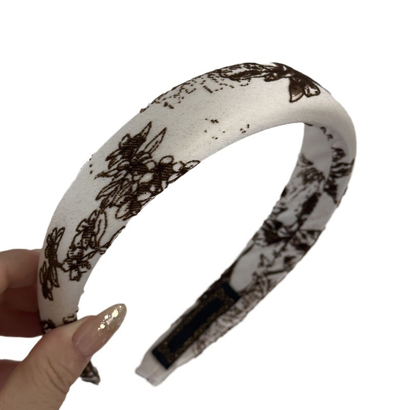New Premium Satin Grey Champagne National Style Velvet Print Fine Sponge Headband Elegant Temperament Headband Item Picture