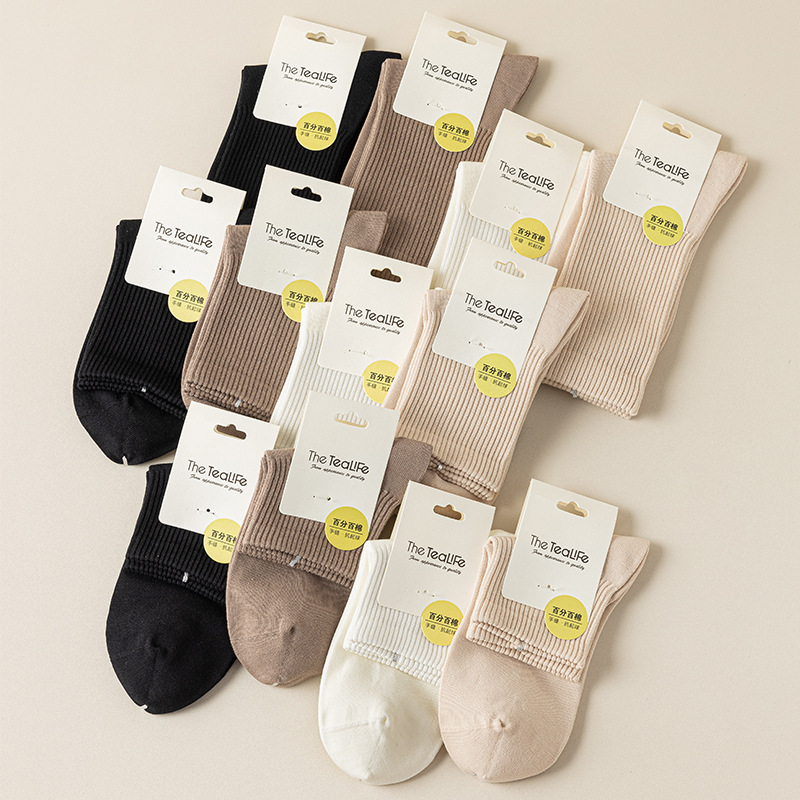 One-piece consignment of mid-calf socks for women in spring and autumn, simple and elegant long calf socks for women, hand-sewn cotton women's socks wholesale one-piece consignment Specification image