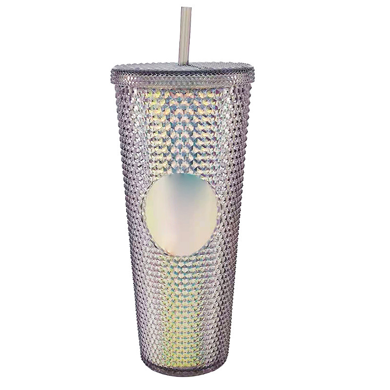 Cross-Border Diamond Durian Straw Cup Large Capacity Double Colored Plastic Cold Drink Cup Net Red Color Gradient Durian Cup Item Picture