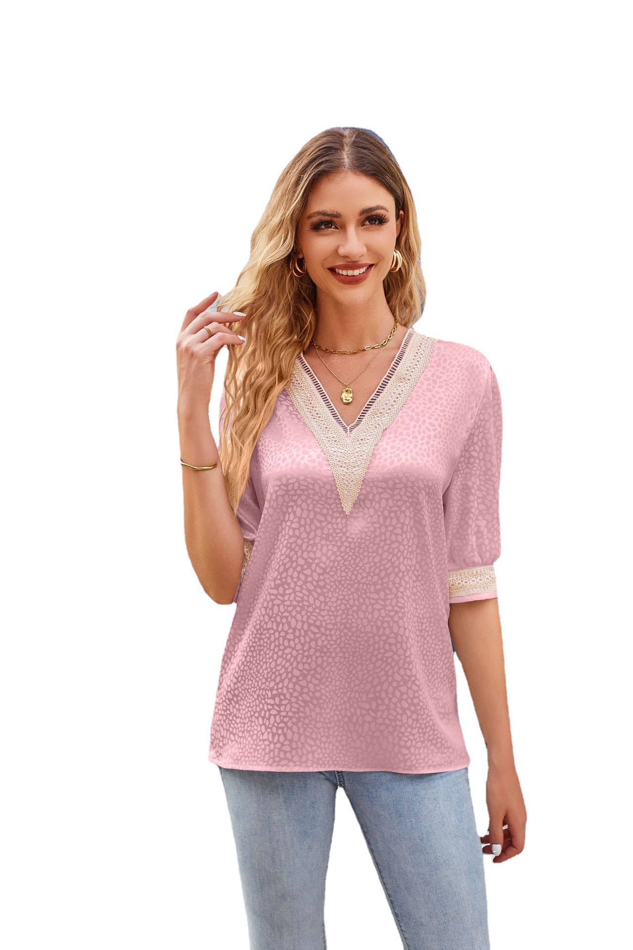 Summer 2023 new cross-Amazon European and American women's V-neck lace satin mid-sleeved fashion shirt top Item Picture