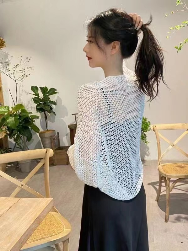 Fabricante suministro directo grilla hielo silk kans de punto protector cervical primavera/verano protección solar cardigan exterior mujer corto aire acondicionado chal Specification image