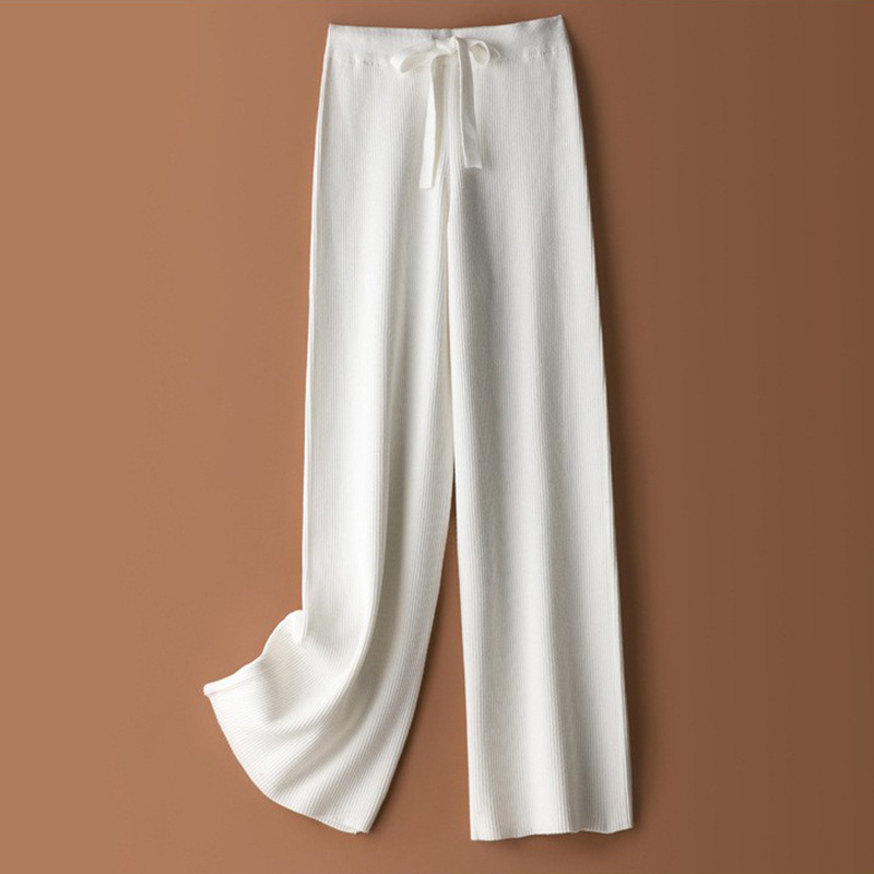 New women's wool knitted wide-leg pants for autumn and winter 2023, stretched-waist drawstring floor-length pants, loose and slimming straight-leg pants Application Scenario