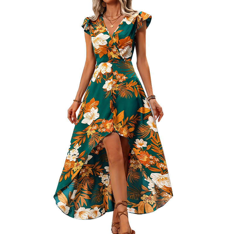 Cross-border Amazon foreign trade women's clothing 2025 Summer vacation style European and American dress flower slit mid-length dress Item Picture