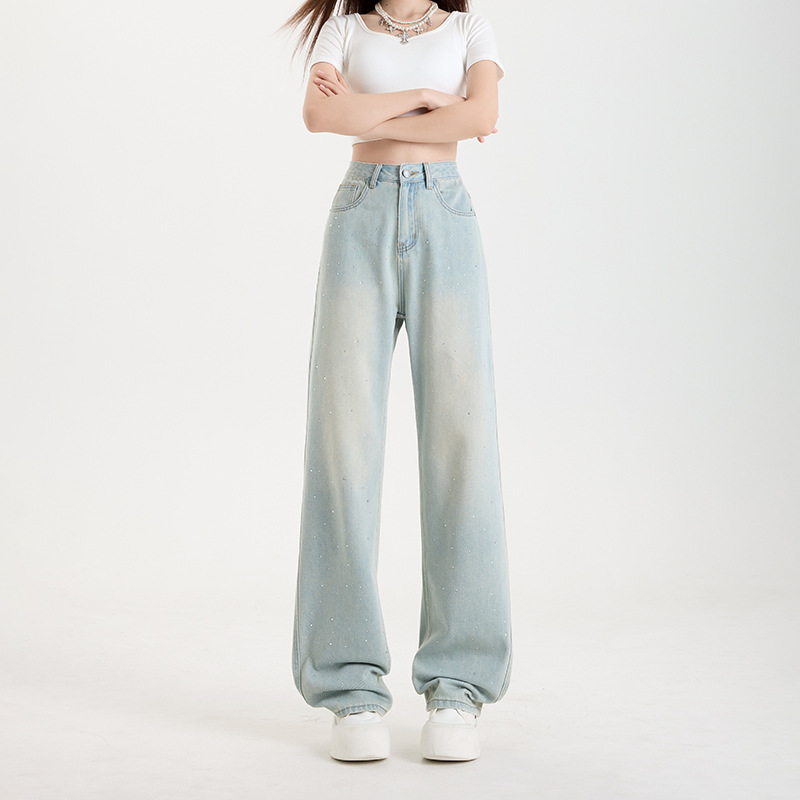 Light blue drape embossed diamond jeans for women, Spring/Summer 2025 new high-waisted loose slimming ice silk wide-leg floor-length pants Application Scenario