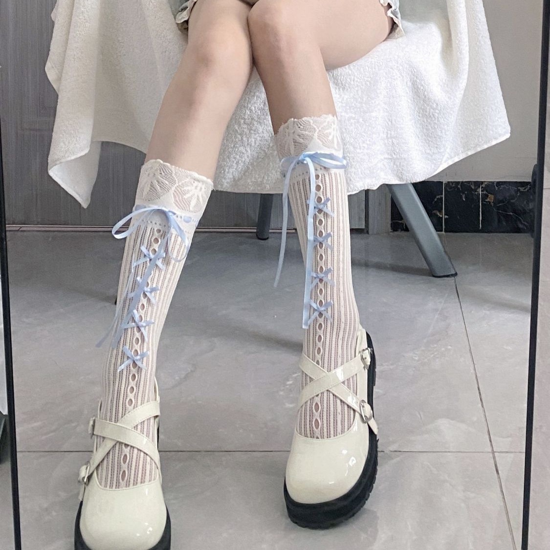 Lolita sweet tie bow mid-calf socks printed lace Japanese jk calf socks wholesale one-piece consignment