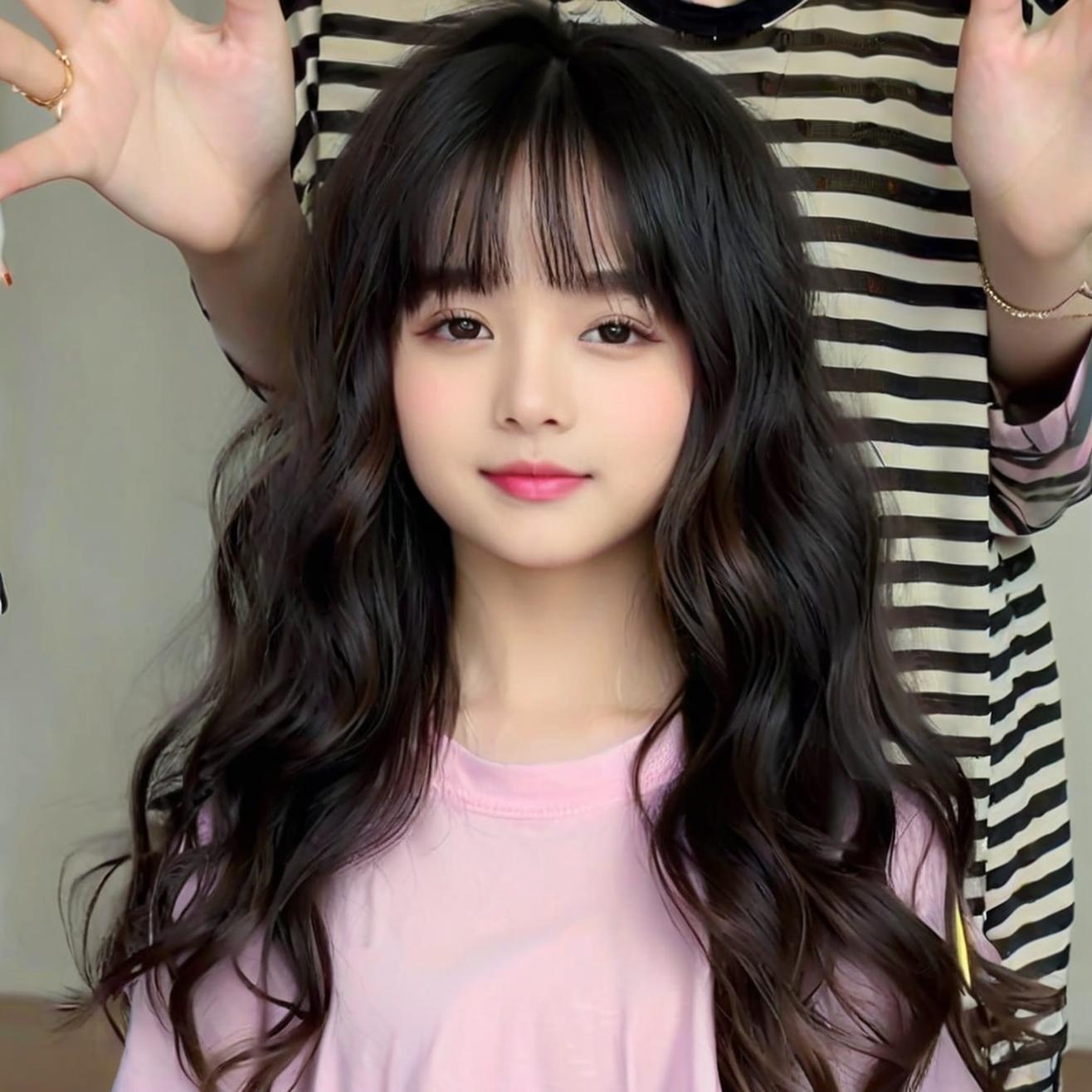 Hot-selling children's long curly hair, straight bangs, synthetic fiber baby head simulation wig, full head set, children's wig set on Douyin Store Specification image