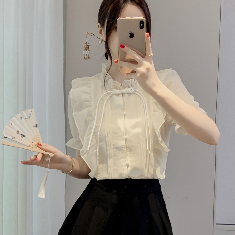 New Chinese-style buttoned French ruffled lace gentle chiffon shirt 2024 New design mini shirt Stylish top