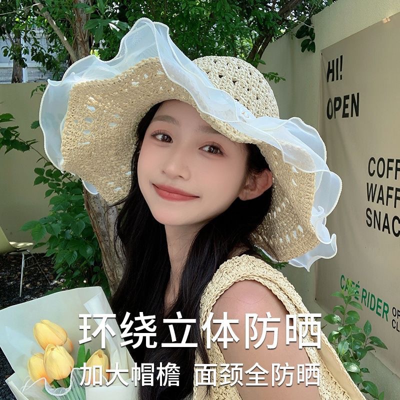 ins日系防晒草帽女夏季出游遮阳透气草编渔夫帽户外海边气质盆帽
