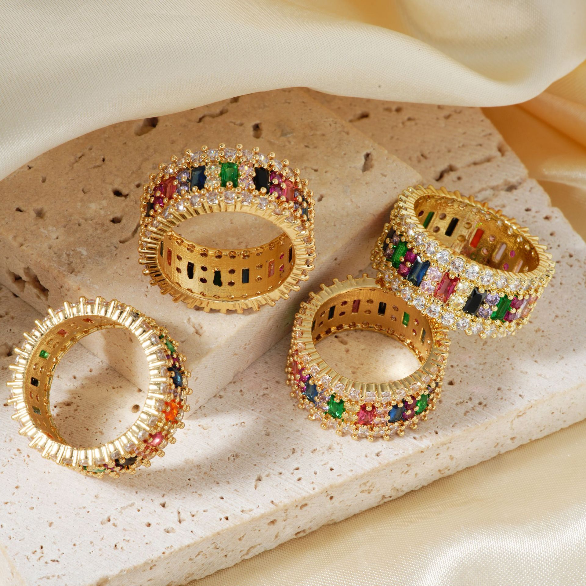 Kashi Amazon Cross-border European and American new fashionable and individual hip-hop seven-color copper inlaid zircon high-end design ring