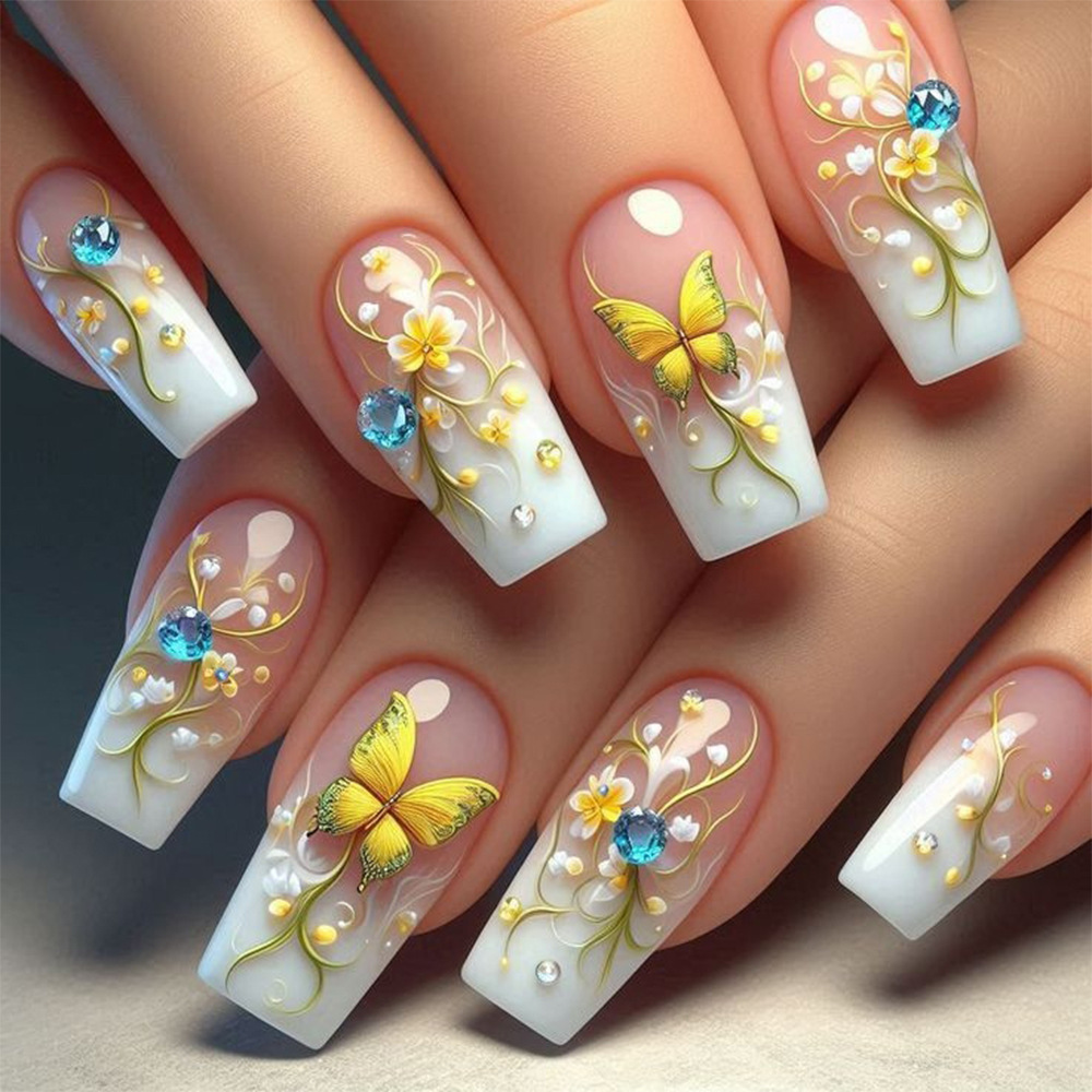 Wholesale of pink and white gradient diamond-encrusted nail plates, simple flower nail patches, cross-border best-selling butterfly wearable nails