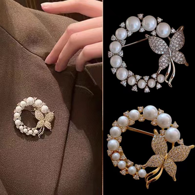 Dongdaemun corea broche de mariposa con diamantes y perlas anti-pasarela hebilla de alto grado de fijación pin de ropa accesorios