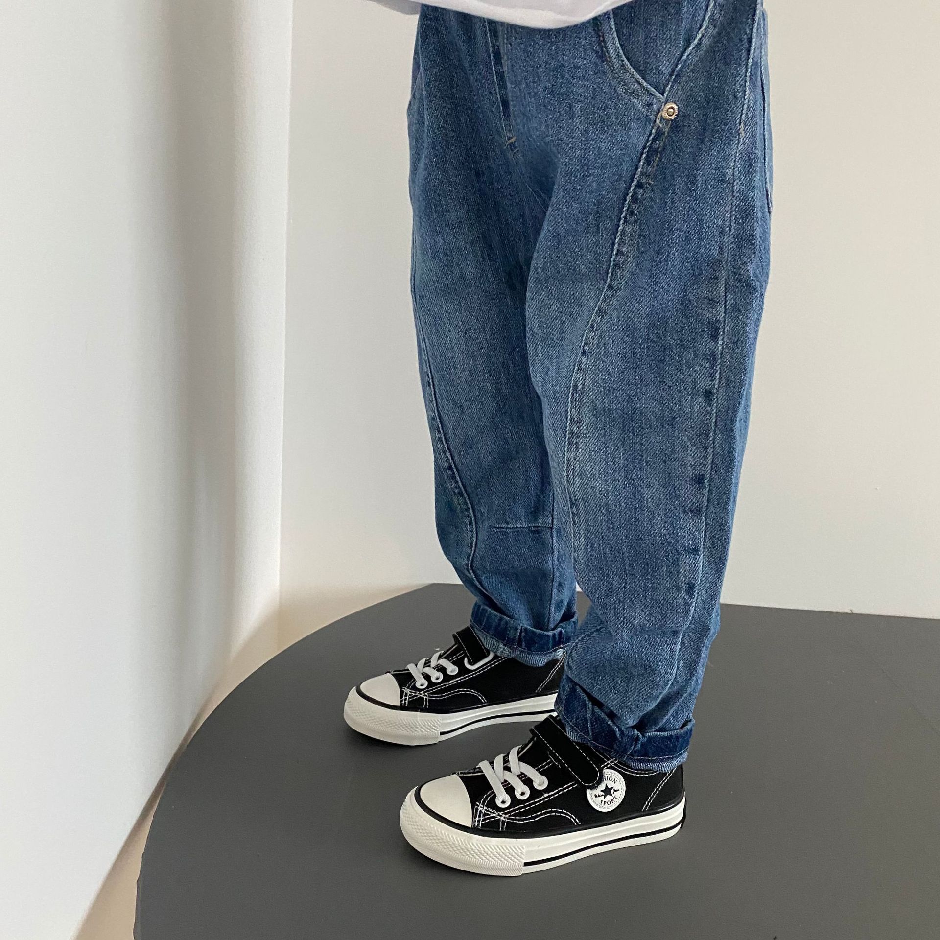 GL-kids Korean Edition Autumn New Children's all-cotton non-elastic denim Harem pants, men's and women's baby patchwork denim long pants Specification image