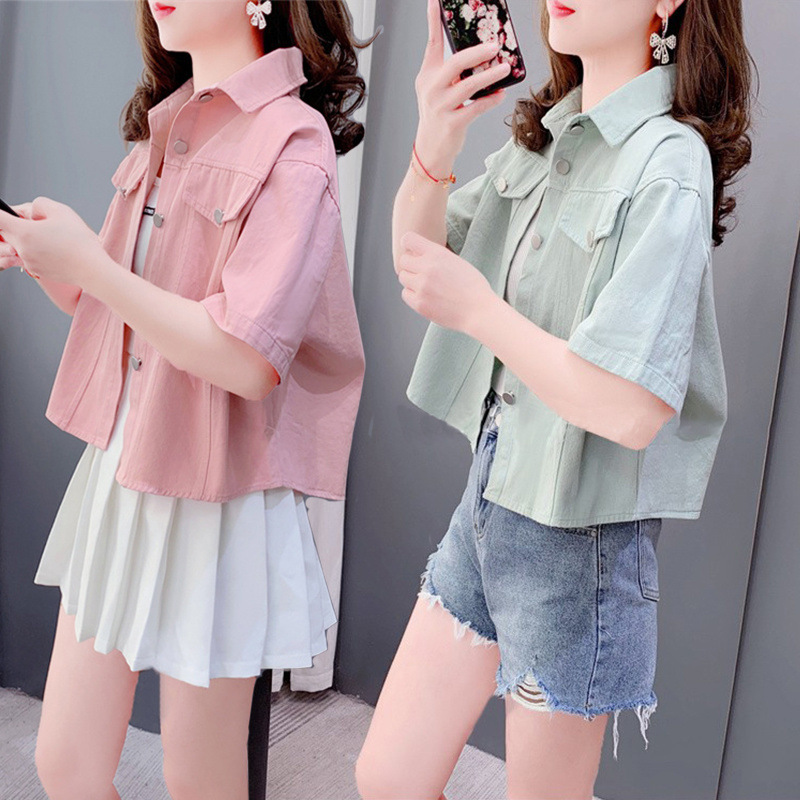 Candy-colored short-sleeved denim shirt jacket for women's summer 2025 new style loose and stylish short top for petite figures full figure