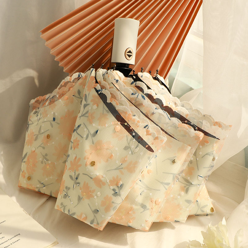 3YK全自动双层三折伞蕾丝刺绣黑胶加厚防晒防紫外线晴雨两用女遮