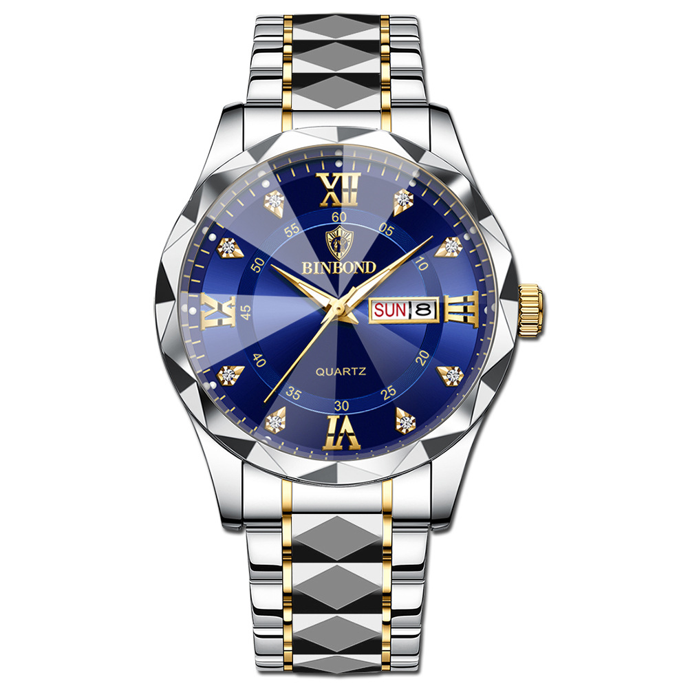 Binbang's new genuine men's watch, calendar day, luminous, waterproof, fashionable diamond-shaped mirror quartz wristwatch Item Picture