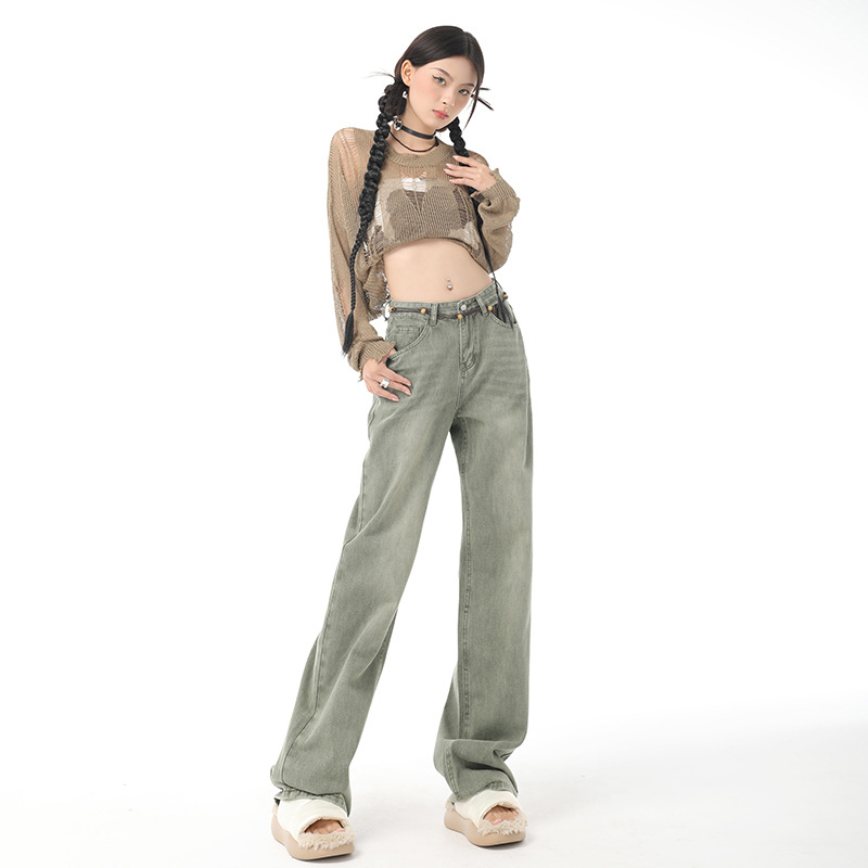 2022 New Korean niche washed retro green wide-leg jeans for women, versatile straight-leg loose jeans, trendy INS Application Scenario