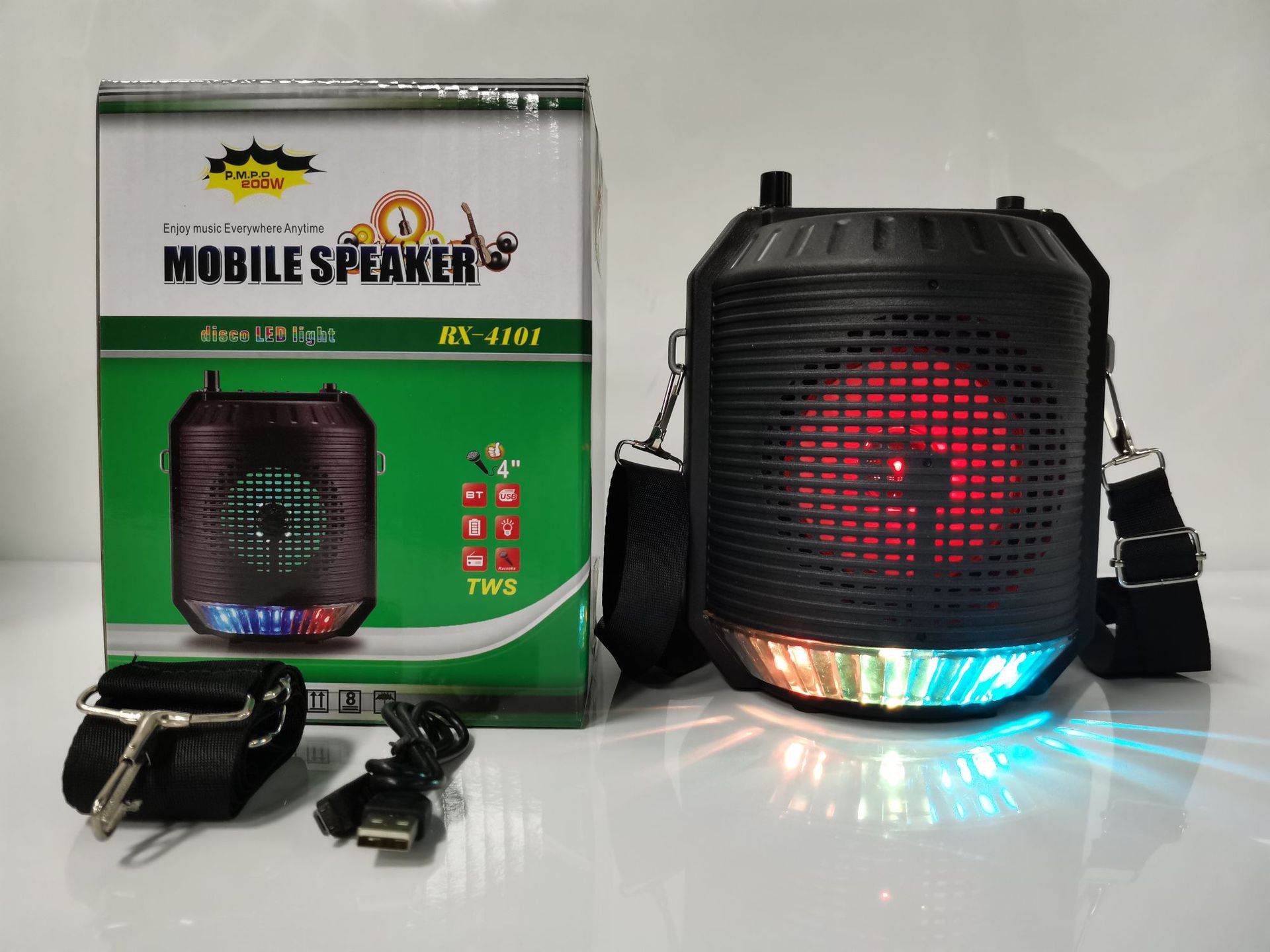 The best-selling RX-4101 single 4-inch portable Bluetooth speaker with a shoulder strap is a high-volume basket speaker for store payment Specification image