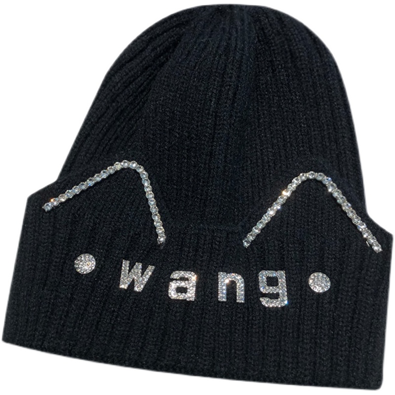 South Korea's New Network Red Wang Letter Rhinestone Woolen Hat Travel All Over The Head Hat Warm Ear Protection Knitted Hat Item Picture