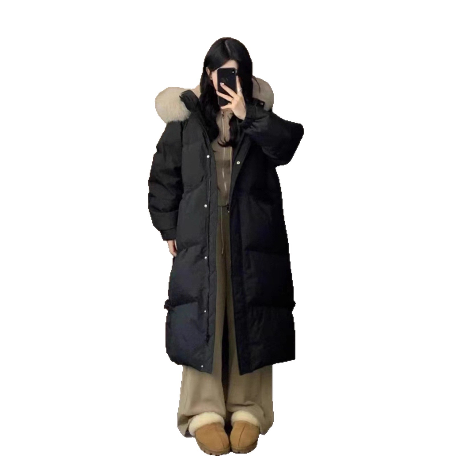 A mid-length down jacket with a fur collar for women's winter 2025, a loose and versatile thickened coat, and a large quilt for women's winter wear Item Picture