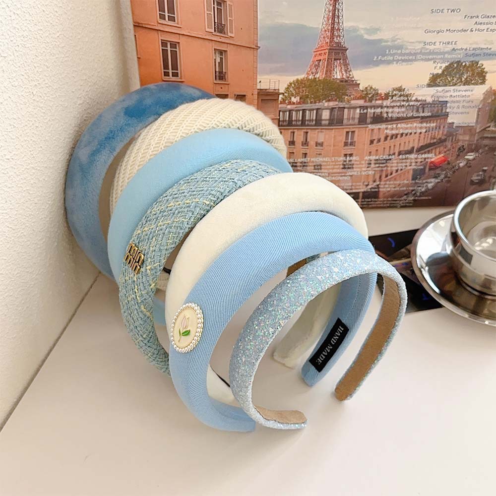 Sky blue hairband for women, 2024 new sponge hairband, high-end feel, wide-edge sponge headband, high top of the head hair accessory for women details Picture