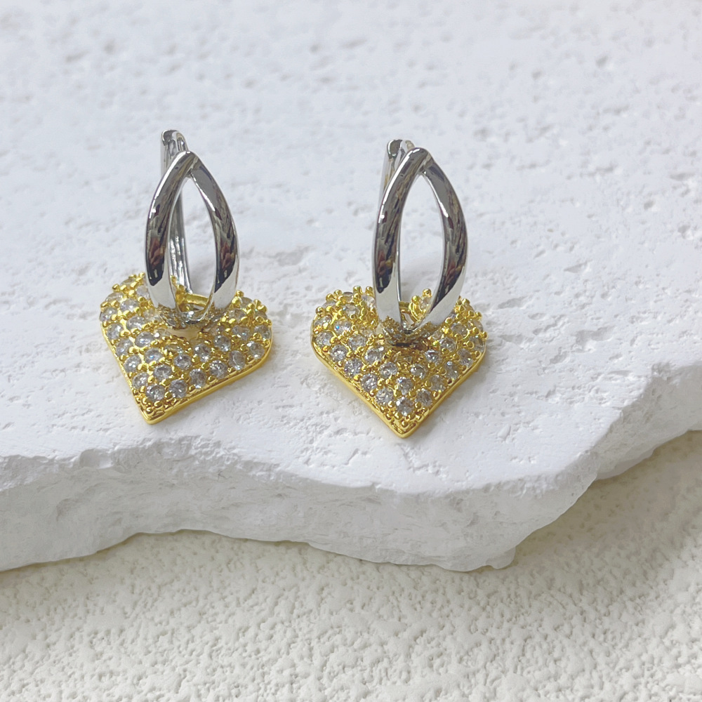 European and American light luxury style, high-end and versatile heart-shaped earrings and pendants, copper-plated 18k full diamond women's ear buckles Specification image