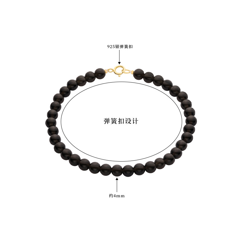 4mm round bead natural obsidian bracelet for women S925 sterling silver, a niche retro and unique black beaded bracelet Item Picture