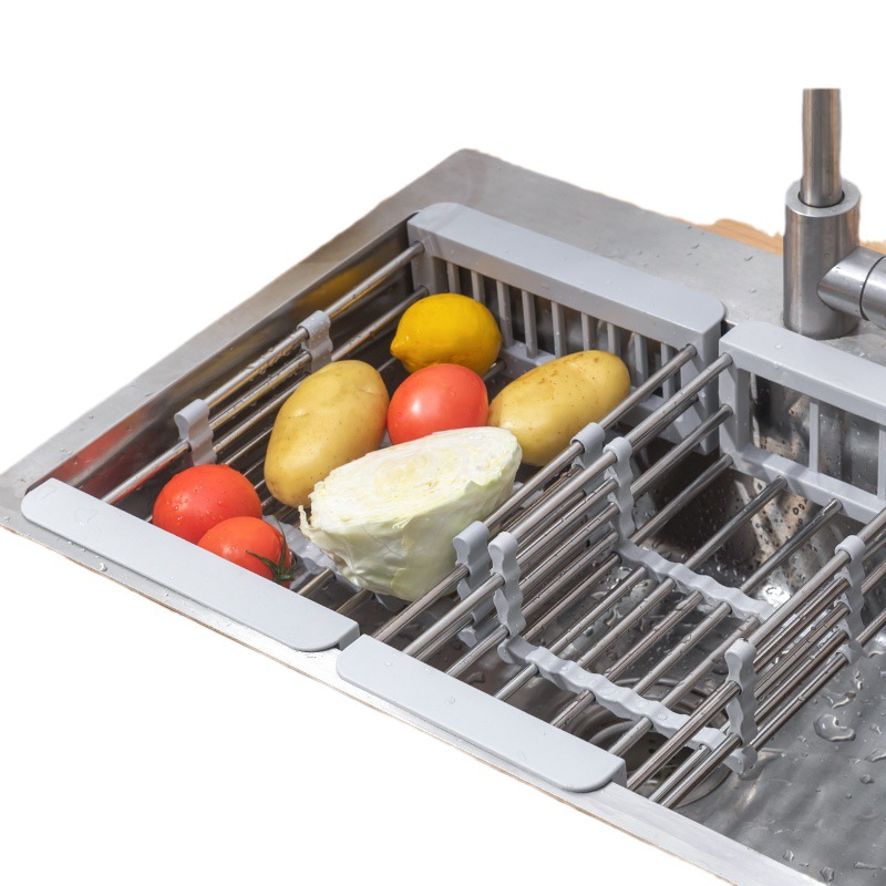 Kitchen sink draining basket, water passage plate, telescopic dishwashing and vegetable washing plate, tableware placement plate, stainless steel sink draining rack Item Picture