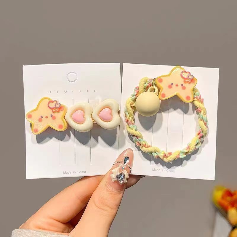 Cute cream yellow star hair tie, fresh and girlish style, high-elasticity hair tie, versatile, sweet rubber band hair band and hair accessory Specification image