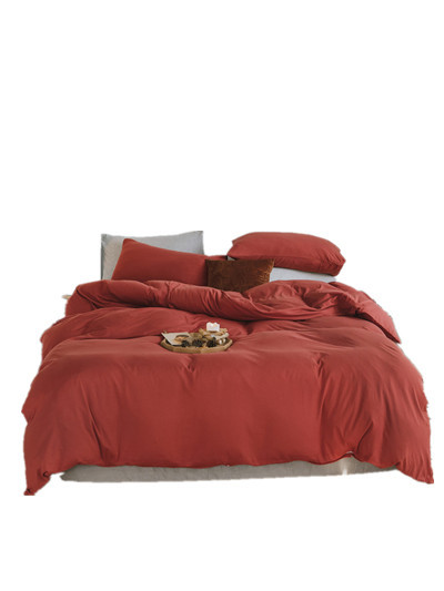 ins Japanese-style solid color all-cotton knitted cotton four-piece set, skin-friendly nude sleeping plain double-layer Indian cotton bed sheet Item Picture