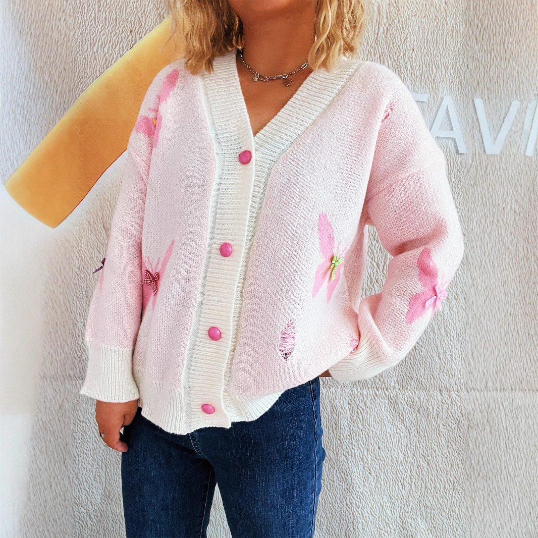 The new autumn and winter collection of cross-border Amazon's casual and fashionable knitted top with a patchwork bow is a charming and sweet cardigan for women Specification image