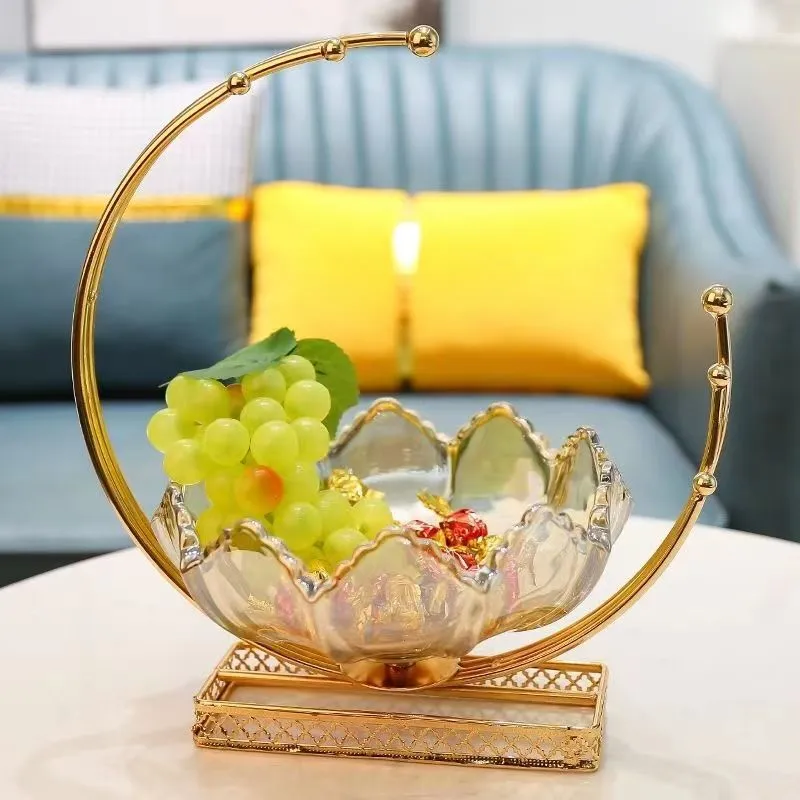 Light Luxury Style European-Style Glass Dry Fruit Tray Home Living Room Coffee Table Receiving Snacks Decorative Metal Moon Fruit Tray Decoration