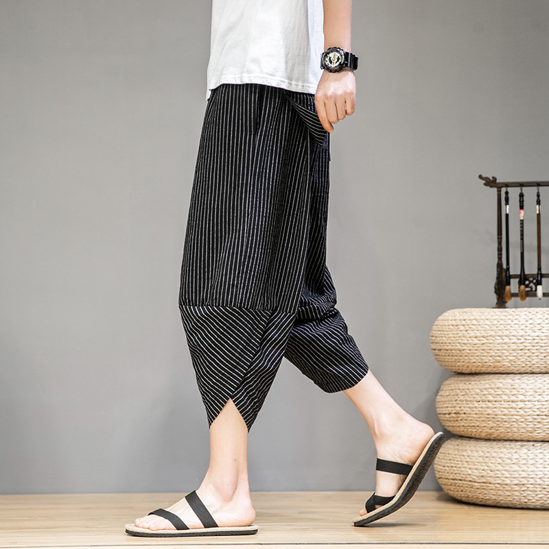 220K14 radish pants for men, summer Chinese-style cotton and linen striped pants, oversized wide-leg Haren beach capri pants for men