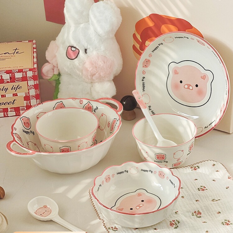 A Generation Of Cartoon Dish Set Household High Appearance Level Ceramic Rice Bowl Plate New Handle Bubble Bowl Tableware details Picture