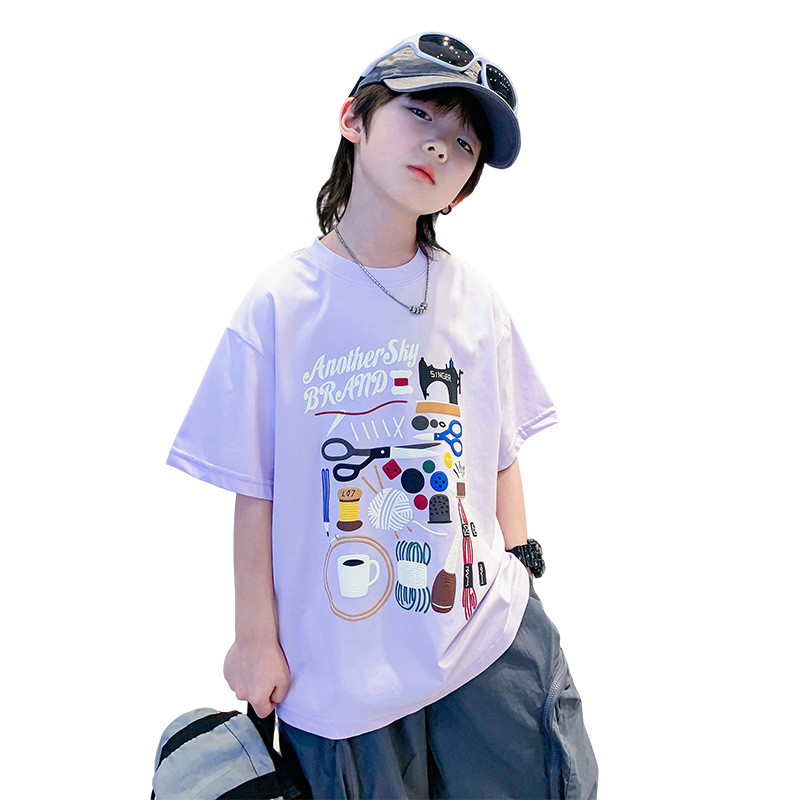 Trendy brand boys' summer wear 2025 new children's cartoon printed short-sleeved T-shirt, loose medium and large children's half-sleeved summer T-shirt Item Picture