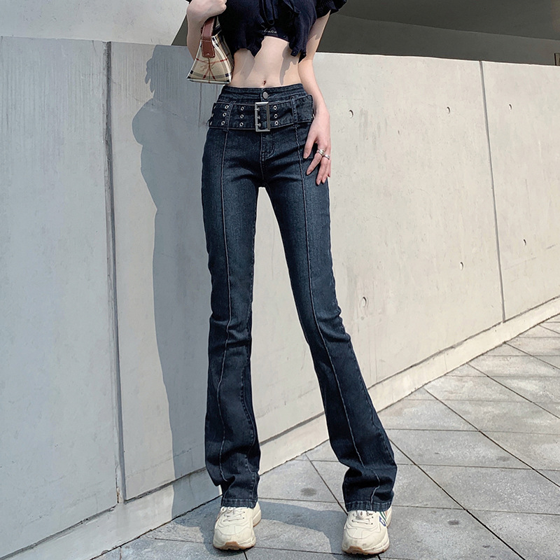 Hot girl wide-belted, slightly flared jeans that make legs look long, washed-out jeans, retro distressed high-waisted, hip-lifting tight pants for women's wear Specification image