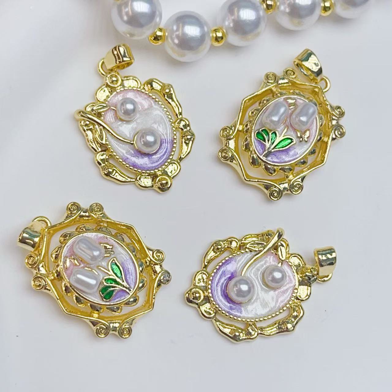 莫奈后花园油画风花朵铜镀真金保色法式复古挂件项链diy配件