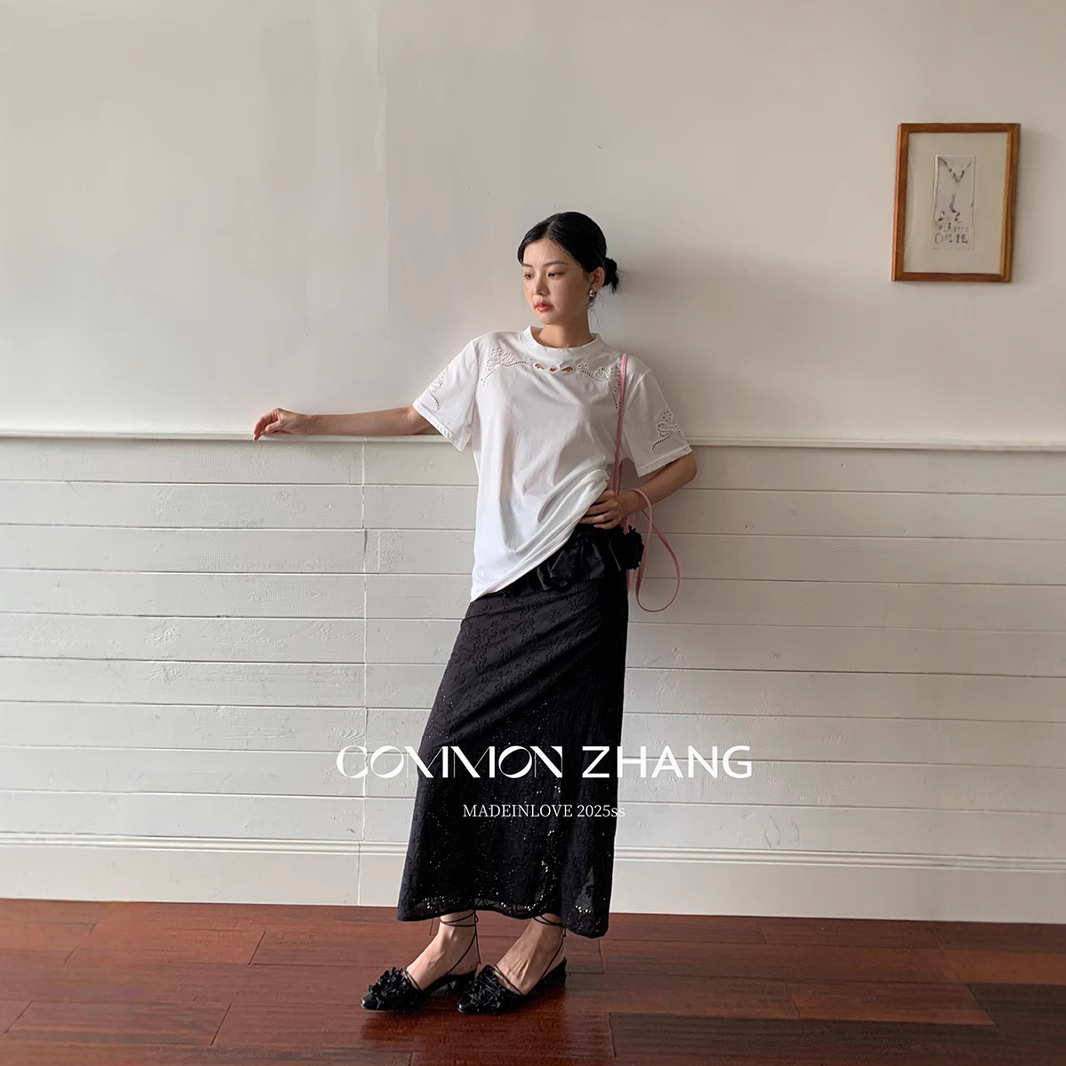 CZ ZHANG Summer French lace slightly translucent texture lace curtain spliced straight A-line skirt B12425 details Picture