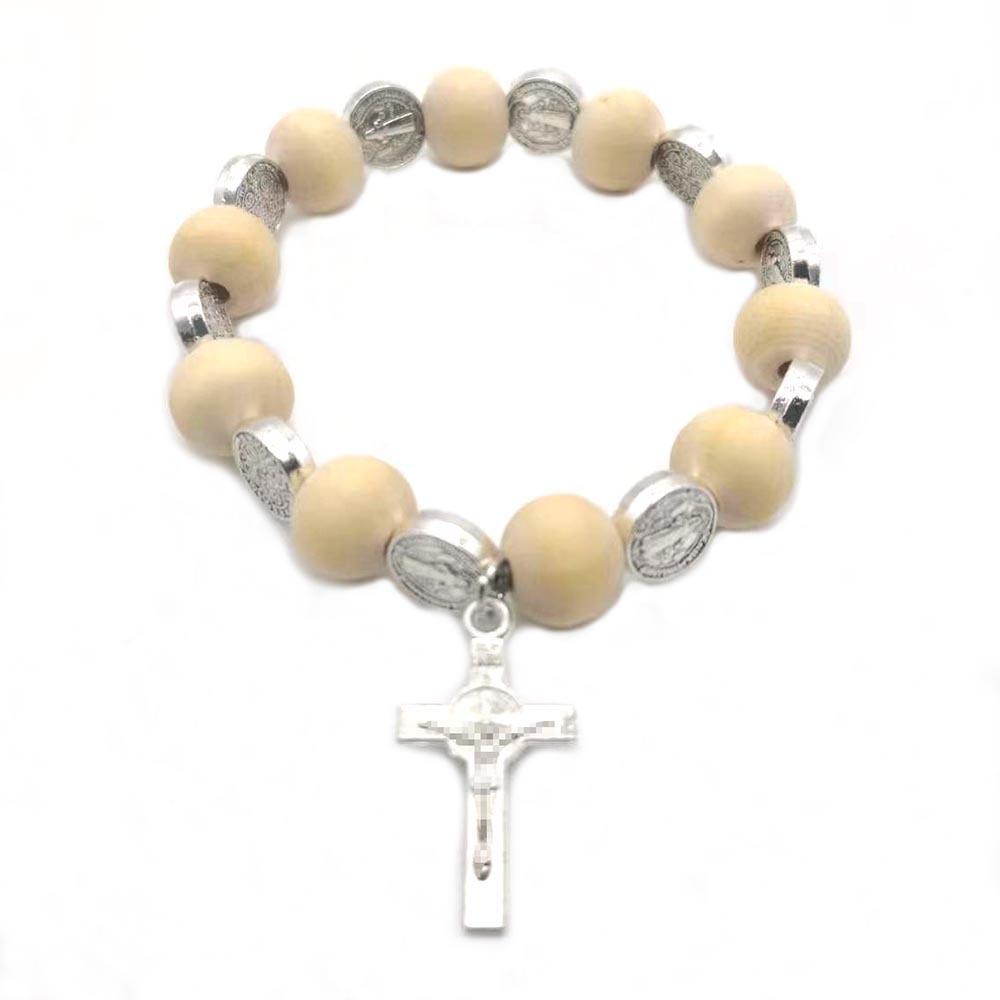 Europe And The United States Foreign Trade Amazon Hot Sell Cross Rosary Bracelet Wooden Beads + Saint Benedict Bracelet For Men And Women Couples Gift Elastic Beaded Jewelry Manufacturers Wholesale Specification drawing