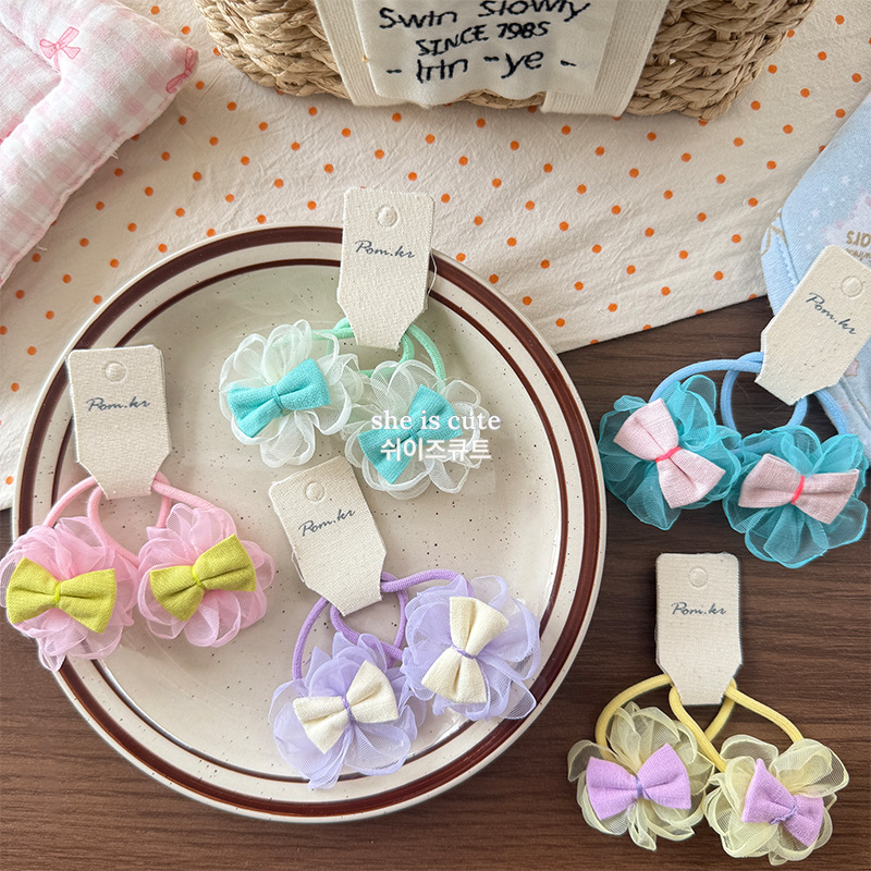 Korean blue lace mesh bow hair tie girls' hair rope Cute little girl tied in a ponytail rubber band