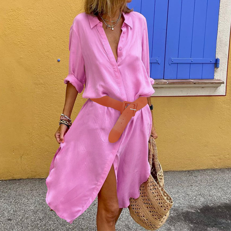 FD14872023 Spring and Autumn New Cross-border Women's fashion and elegance Solid color cardigan lapel split mid-length dress Application Scenario