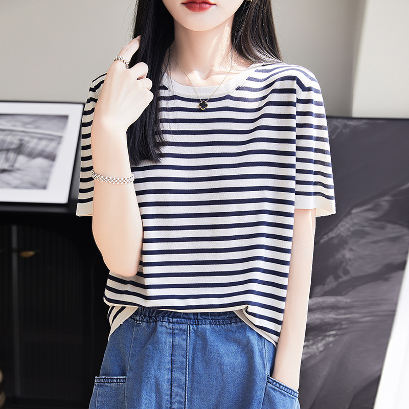 Summer Tencel striped short-sleeved T-shirt for women, 2025 new style top base layer, shoulder top, half-sleeved inner layer, loose Application Scenario