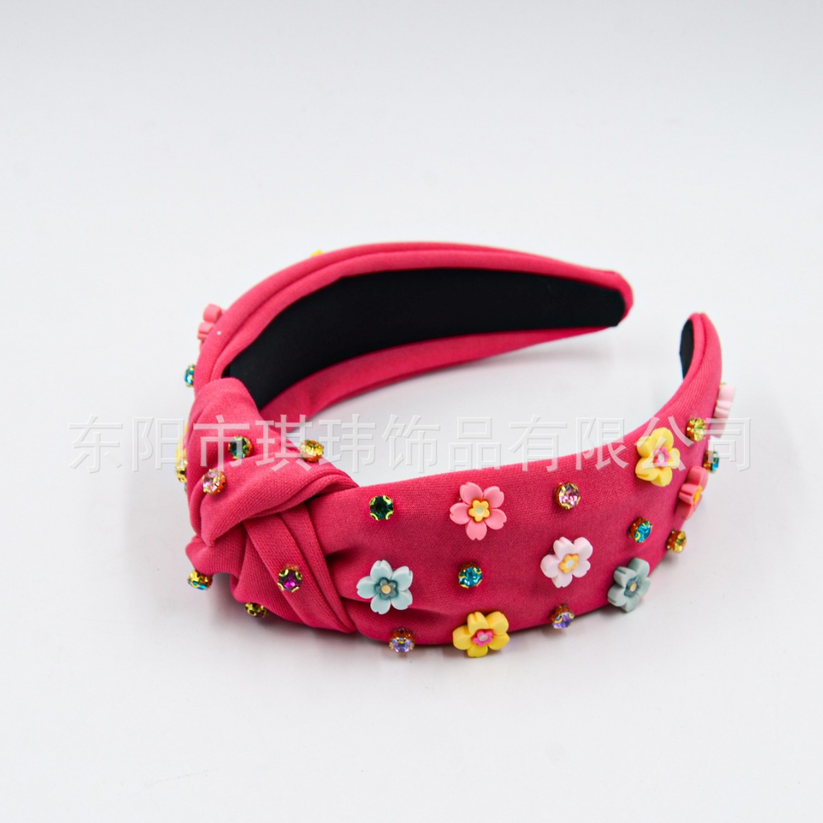 Qiwei Accessories' exclusive cross-border new summer solid-color fabric knotted and stuck small flower mixed color diamond wide edge fashionable and fresh hair band for women Item Picture