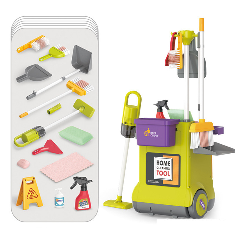 Cross-camera children's simulation cleaning tool trolley set, toys for boys and girls to clean, sweep and play house details Picture